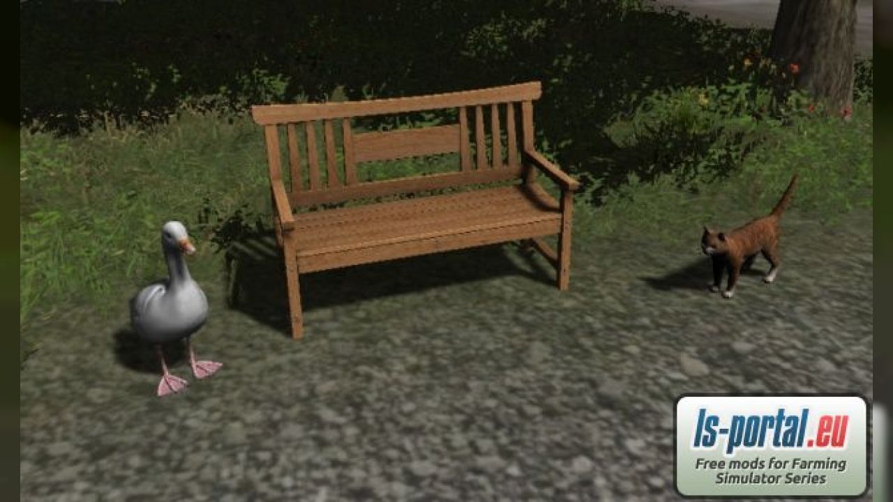 Cat, goose and garden bench